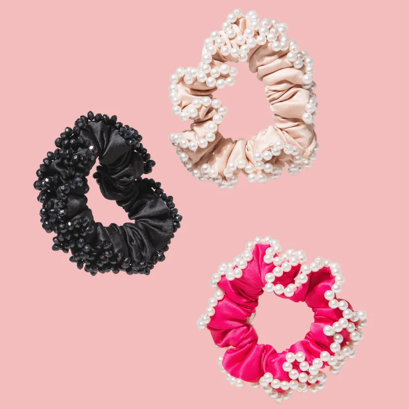 Hand Beaded Scrunchies (colours - black, light pink, bubblegum pink)