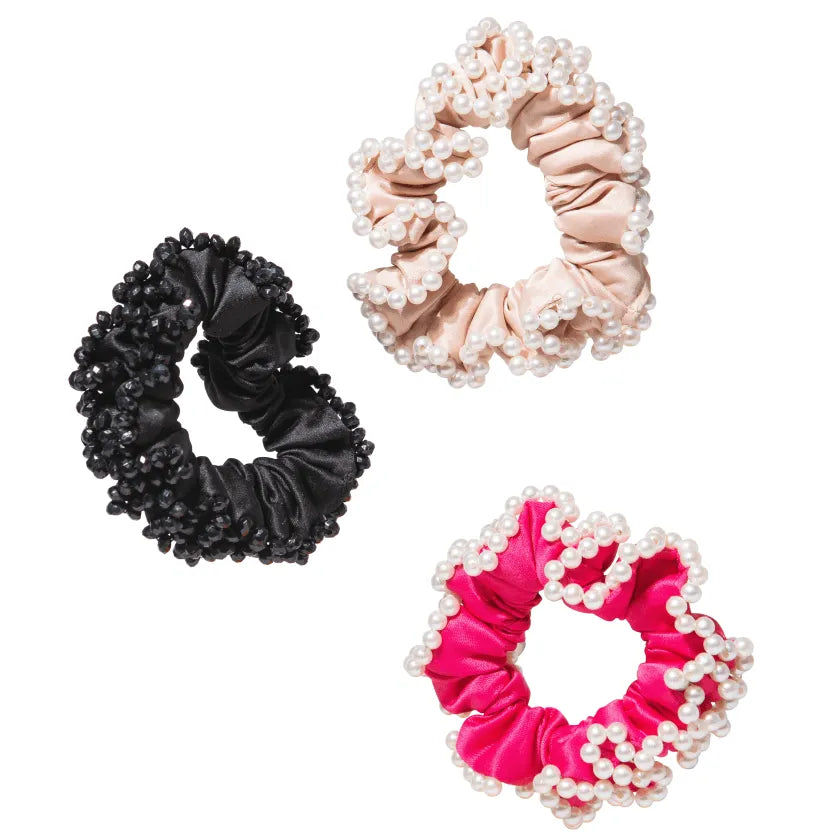 Hand Beaded Scrunchies (colours - black, light pink, bubblegum pink)